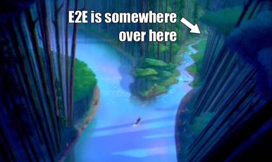An illustrated image showing a small boat traveling up a river that splits in two. There is an arrow pointing to the smaller, more seemingly difficult-to-navigate river with the caption E2E is somewhere over here. From the Disney movie Pocahontas