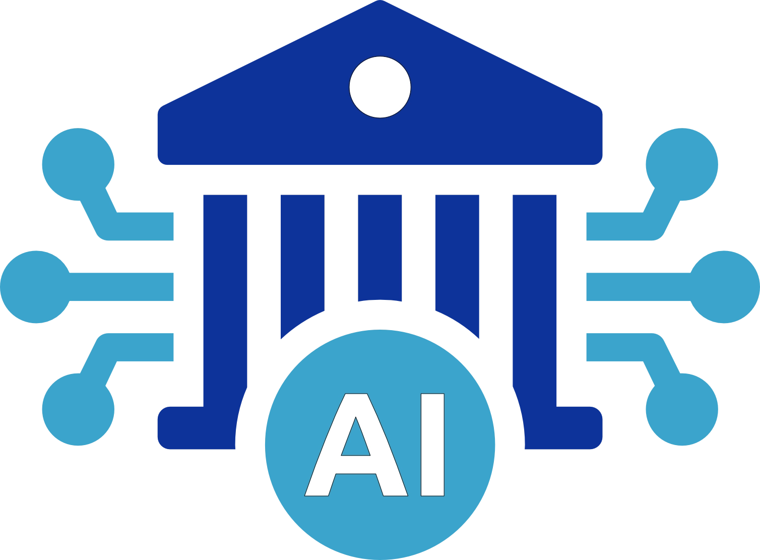 An icon consisting of a stylized, blue municipal building with columns and a light blue circle underneath containing the word "AI." Light blue wire diagram lines extend from the sides of the building.