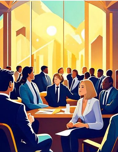 AI-generated artistic illustration of a group of people at a conference seated around tables in a large room