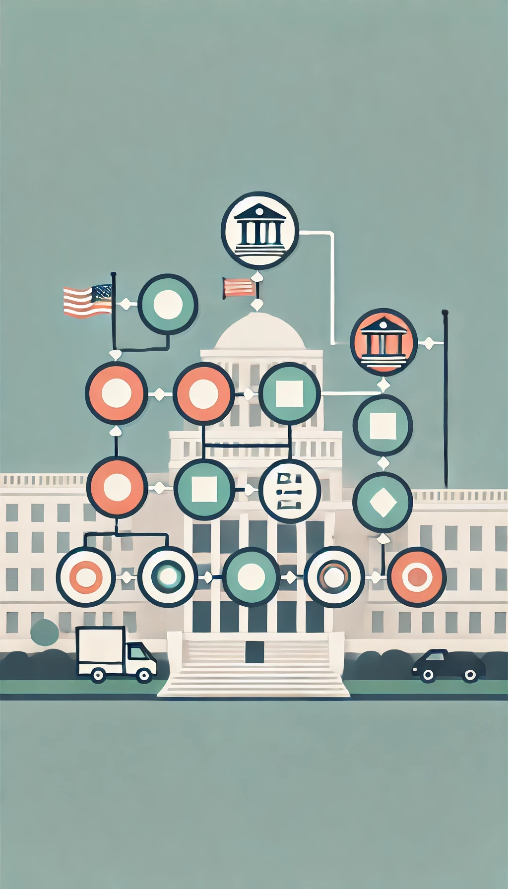 AI-generated illustration of a process model overlaid on top of a stylized, pastel image of a state capitol.