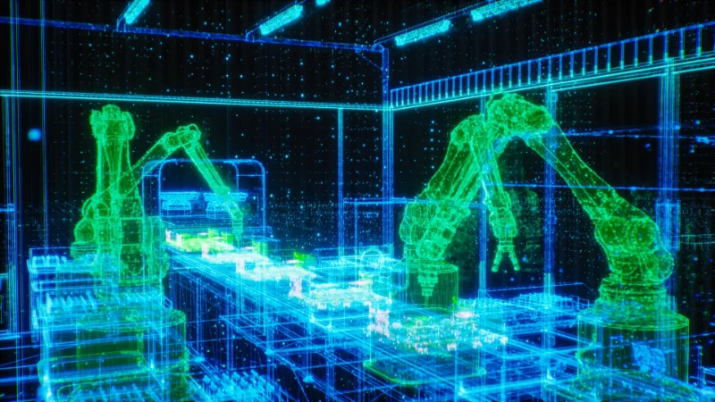 Computer graphics wireframe rendering of a robotic automated assembly line
