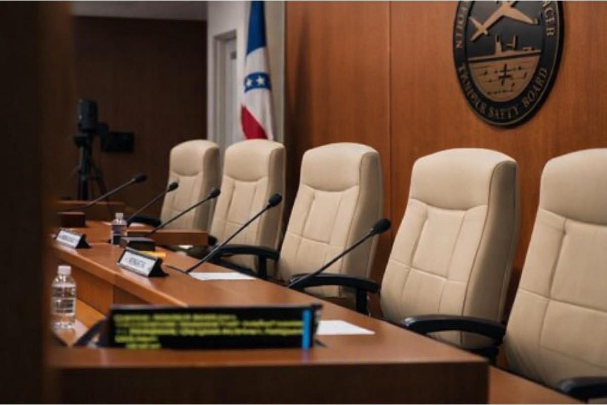 An AI-modified image of the dais in the Election Assistance Commission hearing room. The Commissioners were removed from the original image to show there is no one running the agency.