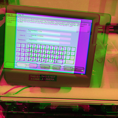 A picture of an electronic poll book, which is a type of computer used to check voters in at a polling place. The image is altered to look like a glitch occurred, where multiple versions of the picture are superimposed upon itself to look "cool".