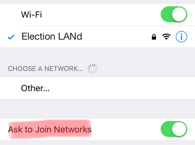 An image of a an iPhone's WiFi selection screen. The screen is showing one network titled "Election LANd" where the L, A, and N are capitalized to make a joke about the "local area network".  The toggle for "Ask to Join Networks" Is highlighted in red.