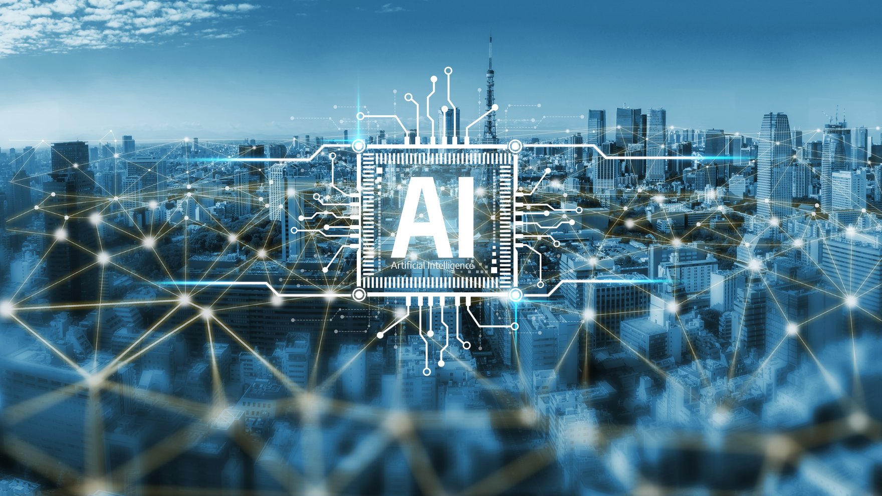 The word "AI" is superimposed over a bluish-hued cityscape with illustrations to denote technological futurism